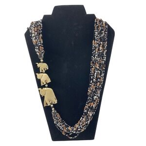 Vintage Multi Strand Seed Bead Elephant Statement Necklace Black White Wood 28in